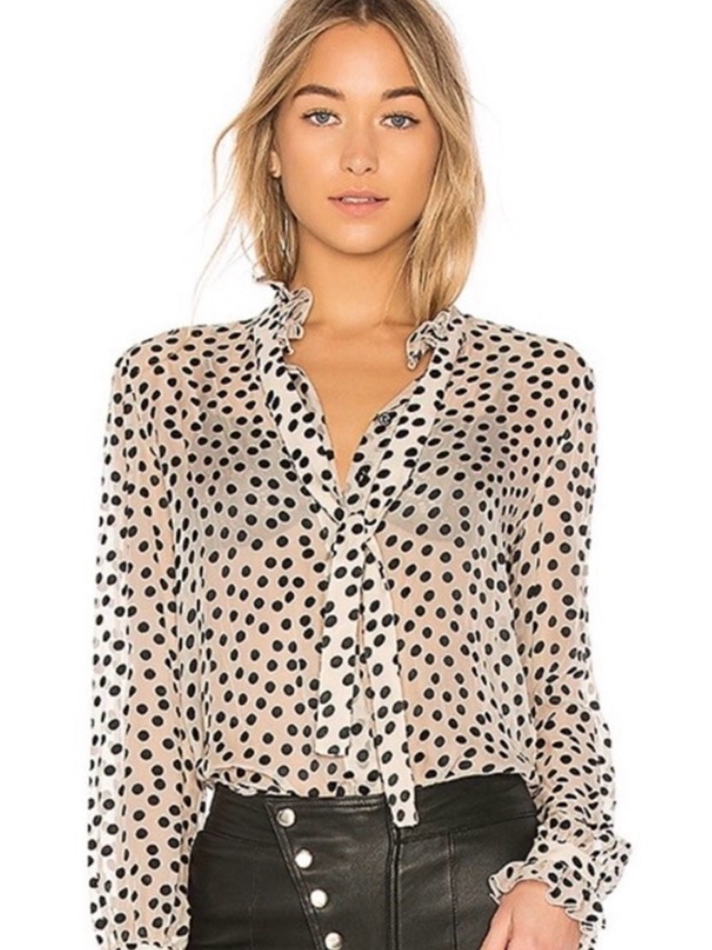SALONI Cream and Black Polka Dot Tie-Neck Blouse